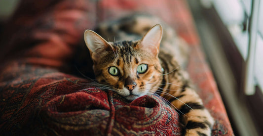 Cat with striped fur and green eyes relaxing on a patterned sofa